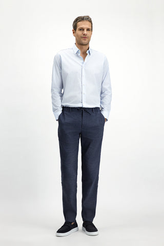  Koyu Lacivert Slim Fit Dar Kesim Beli Lastikli İpli Keten Karışımlı Jogger Pantolon