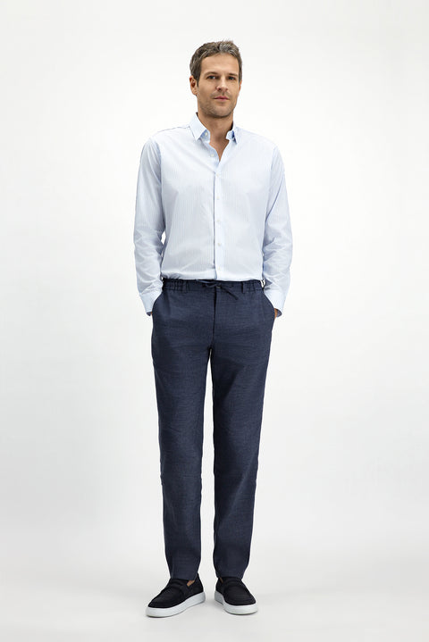 Koyu Lacivert Slim Fit Dar Kesim Beli Lastikli İpli Keten Karışımlı Jogger Pantolon
