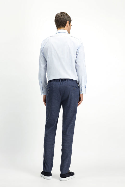 Koyu Lacivert Slim Fit Dar Kesim Beli Lastikli İpli Keten Karışımlı Jogger Pantolon