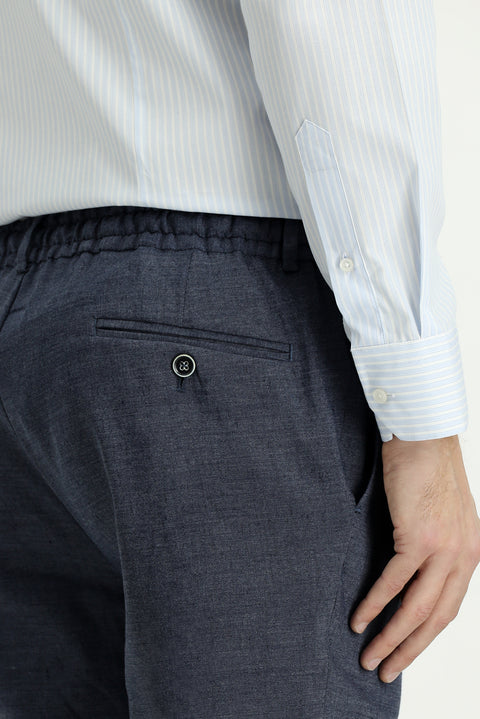 Koyu Lacivert Slim Fit Dar Kesim Beli Lastikli İpli Keten Karışımlı Jogger Pantolon