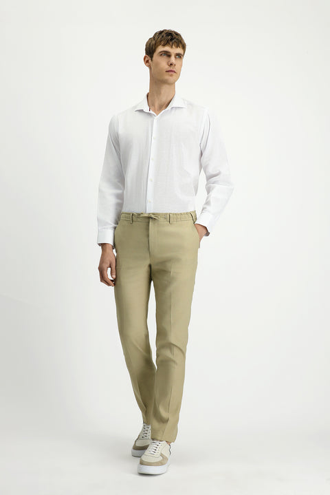 Medium Beige 7 Drop Slim Fit Linen Blend Jogger Pants with Elasticated Waist Drawstring