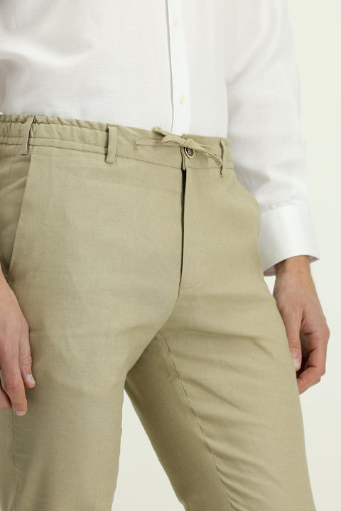Medium Beige 7 Drop Slim Fit Linen Blend Jogger Pants with Elasticated Waist Drawstring