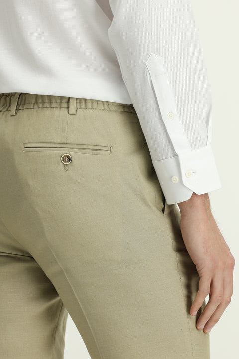 Medium Beige 7 Drop Slim Fit Linen Blend Jogger Pants with Elasticated Waist Drawstring
