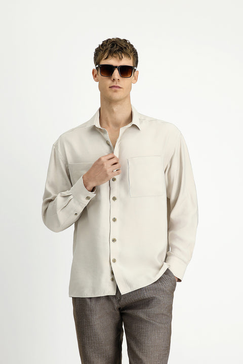Light Beige Long Sleeve Oversize Modal Blend Shirt