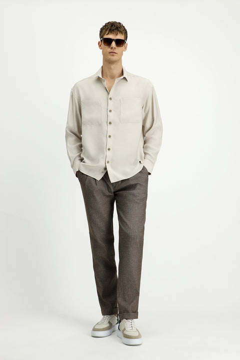 Light Beige Long Sleeve Oversize Modal Blend Shirt