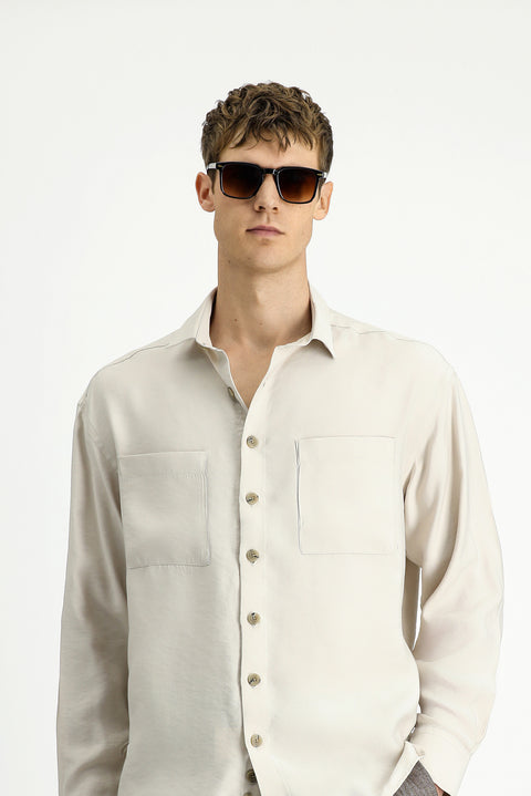 Light Beige Long Sleeve Oversize Modal Blend Shirt