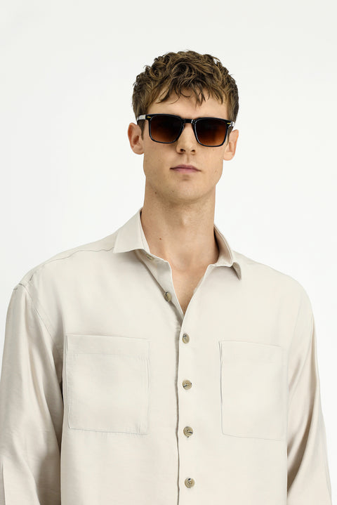 Light Beige Long Sleeve Oversize Modal Blend Shirt