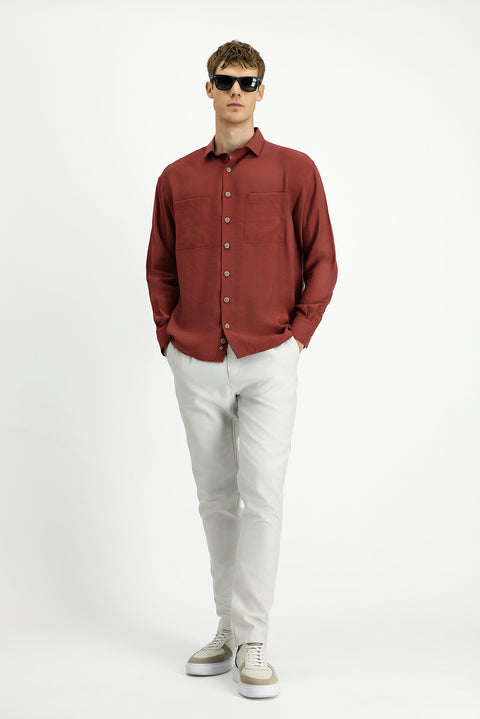 Brick Red Long Sleeve Oversize Modal Blend Shirt