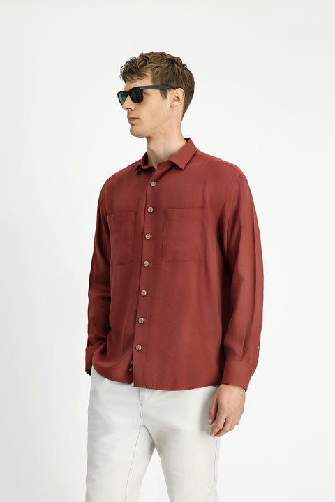 Brick Red Long Sleeve Oversize Modal Blend Shirt