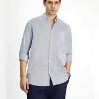 White and Navy Long Sleeve Regular Fit Patterned Cotton Button-Down Collar Shirt