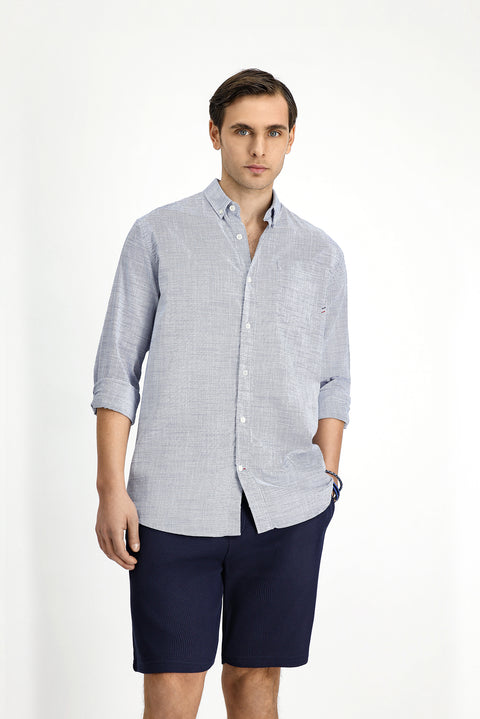White and Navy Long Sleeve Regular Fit Patterned Cotton Button-Down Collar Shirt