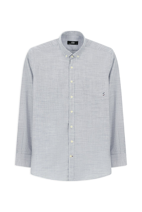 White and Navy Long Sleeve Regular Fit Patterned Cotton Button-Down Collar Shirt