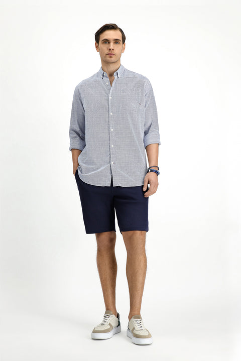 White and Navy Long Sleeve Regular Fit Patterned Cotton Button-Down Collar Shirt