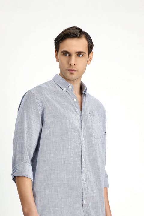 White and Navy Long Sleeve Regular Fit Patterned Cotton Button-Down Collar Shirt