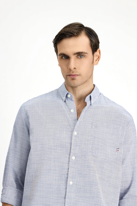 White and Navy Long Sleeve Regular Fit Patterned Cotton Button-Down Collar Shirt
