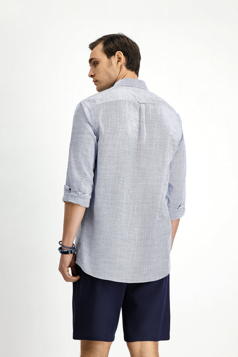 White and Navy Long Sleeve Regular Fit Patterned Cotton Button-Down Collar Shirt