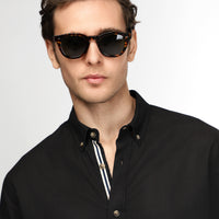 Black Long Sleeve Regular Fit Button-Down Collar Linen-Look Sporty Cotton Shirt