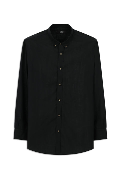 Black Long Sleeve Regular Fit Button-Down Collar Linen-Look Sporty Cotton Shirt