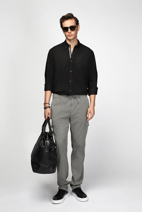 Black Long Sleeve Regular Fit Button-Down Collar Linen-Look Sporty Cotton Shirt