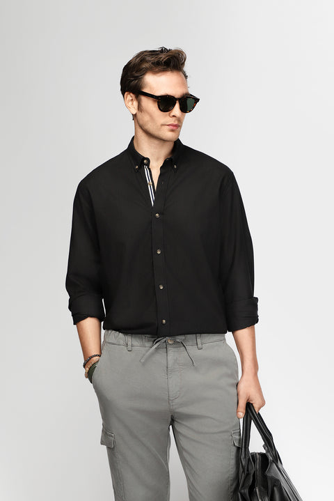 Black Long Sleeve Regular Fit Button-Down Collar Linen-Look Sporty Cotton Shirt