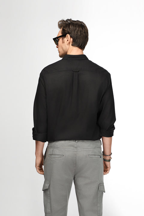 Black Long Sleeve Regular Fit Button-Down Collar Linen-Look Sporty Cotton Shirt