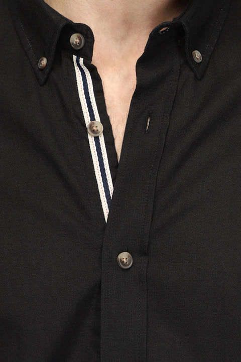 Black Long Sleeve Regular Fit Button-Down Collar Linen-Look Sporty Cotton Shirt