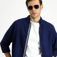 Medium Navy Long Sleeve Regular Fit Button-Down Collar Linen-Look Sporty Cotton Shirt