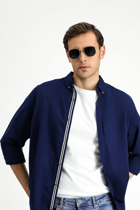 Medium Navy Long Sleeve Regular Fit Button-Down Collar Linen-Look Sporty Cotton Shirt