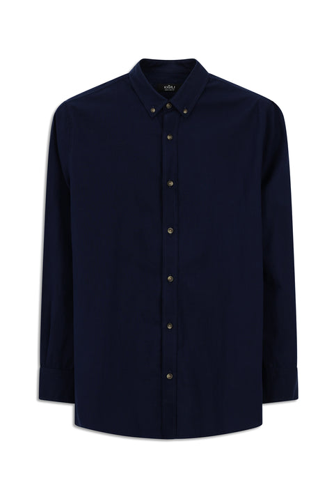 Medium Navy Long Sleeve Regular Fit Button-Down Collar Linen-Look Sporty Cotton Shirt