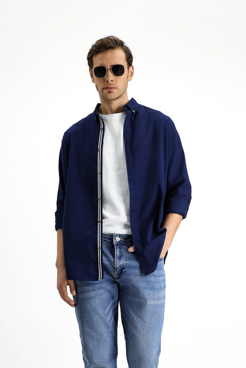 Medium Navy Long Sleeve Regular Fit Button-Down Collar Linen-Look Sporty Cotton Shirt