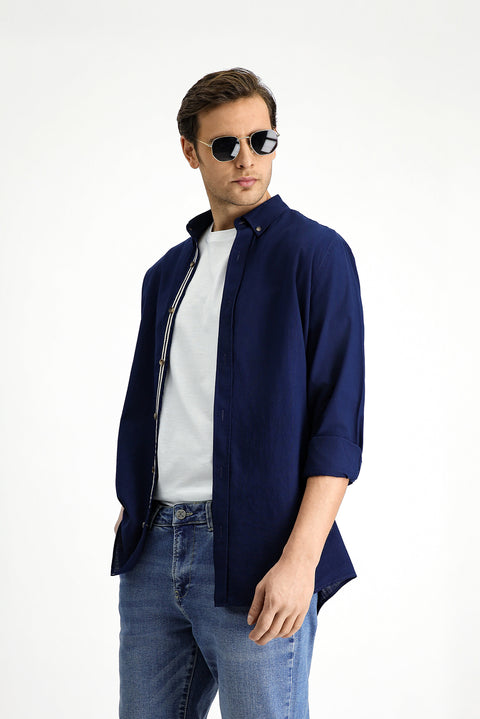 Medium Navy Long Sleeve Regular Fit Button-Down Collar Linen-Look Sporty Cotton Shirt