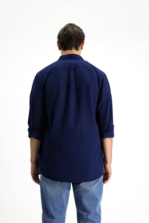 Medium Navy Long Sleeve Regular Fit Button-Down Collar Linen-Look Sporty Cotton Shirt