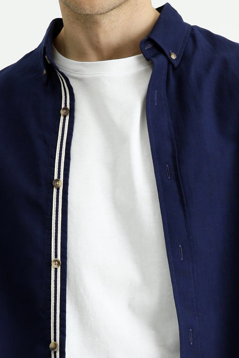 Medium Navy Long Sleeve Regular Fit Button-Down Collar Linen-Look Sporty Cotton Shirt