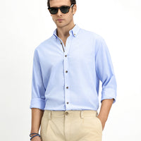 Light Blue Long Sleeve Regular Fit Button-Down Collar Linen-Look Sporty Cotton Shirt