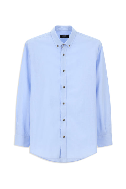 Light Blue Long Sleeve Regular Fit Button-Down Collar Linen-Look Sporty Cotton Shirt