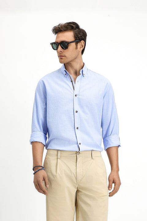 Light Blue Long Sleeve Regular Fit Button-Down Collar Linen-Look Sporty Cotton Shirt