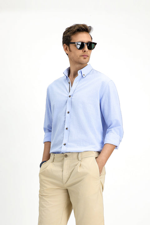 Light Blue Long Sleeve Regular Fit Button-Down Collar Linen-Look Sporty Cotton Shirt