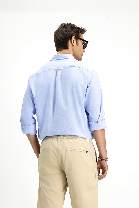 Light Blue Long Sleeve Regular Fit Button-Down Collar Linen-Look Sporty Cotton Shirt