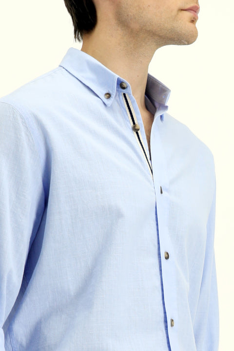 Light Blue Long Sleeve Regular Fit Button-Down Collar Linen-Look Sporty Cotton Shirt
