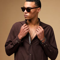 Dark Brown Long Sleeve Regular Fit Button-Down Collar Linen-Look Sporty Cotton Shirt