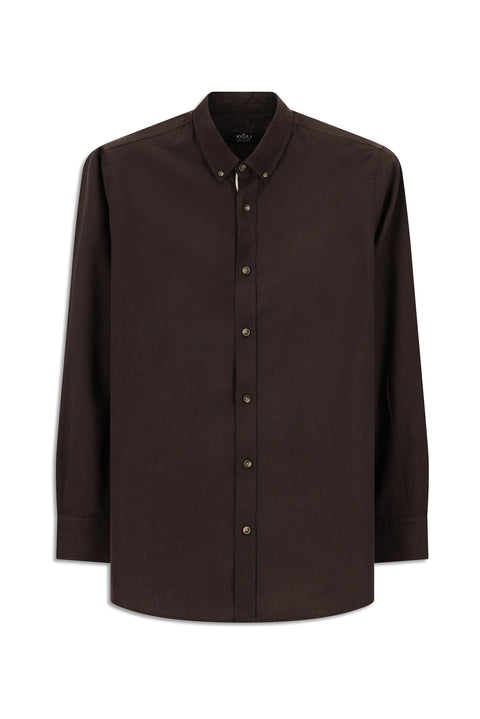 Dark Brown Long Sleeve Regular Fit Button-Down Collar Linen-Look Sporty Cotton Shirt