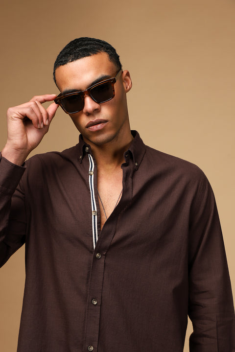 Dark Brown Long Sleeve Regular Fit Button-Down Collar Linen-Look Sporty Cotton Shirt
