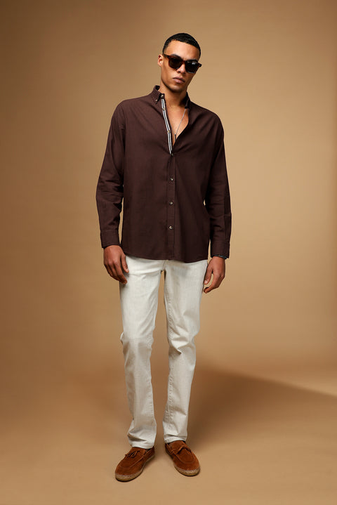 Dark Brown Long Sleeve Regular Fit Button-Down Collar Linen-Look Sporty Cotton Shirt