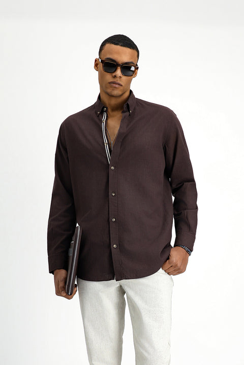 Dark Brown Long Sleeve Regular Fit Button-Down Collar Linen-Look Sporty Cotton Shirt