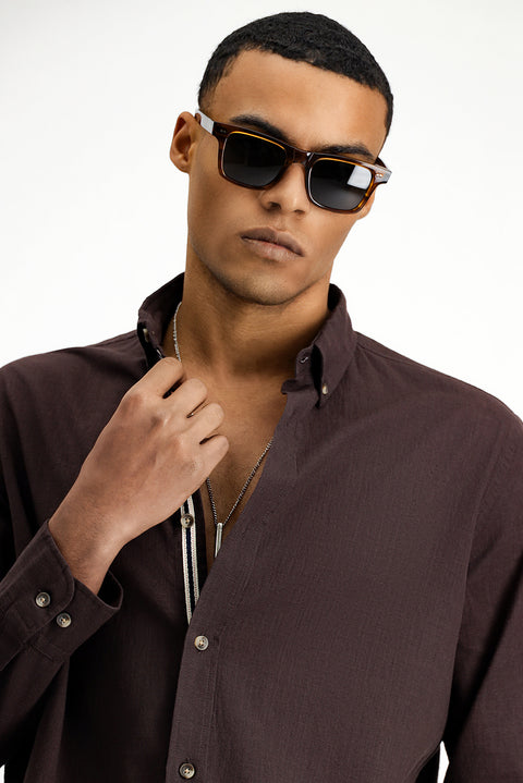 Dark Brown Long Sleeve Regular Fit Button-Down Collar Linen-Look Sporty Cotton Shirt