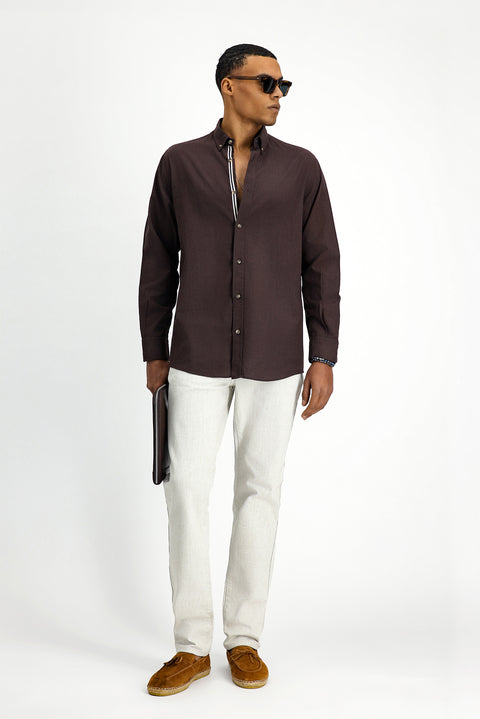 Dark Brown Long Sleeve Regular Fit Button-Down Collar Linen-Look Sporty Cotton Shirt