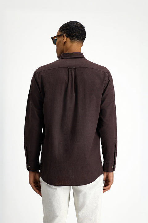 Dark Brown Long Sleeve Regular Fit Button-Down Collar Linen-Look Sporty Cotton Shirt