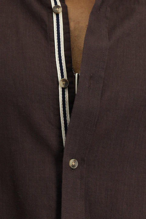 Dark Brown Long Sleeve Regular Fit Button-Down Collar Linen-Look Sporty Cotton Shirt