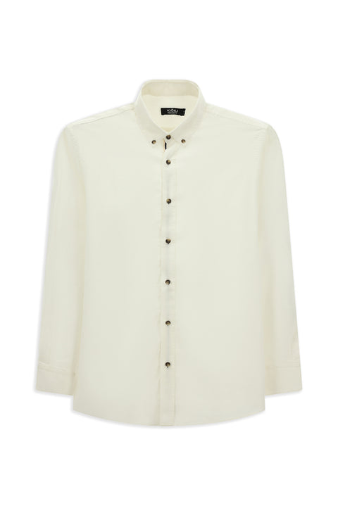 White Long Sleeve Regular Fit Button-Down Collar Linen-Look Sporty Cotton Shirt