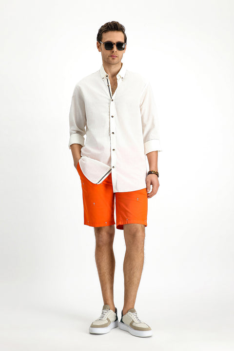 White Long Sleeve Regular Fit Button-Down Collar Linen-Look Sporty Cotton Shirt